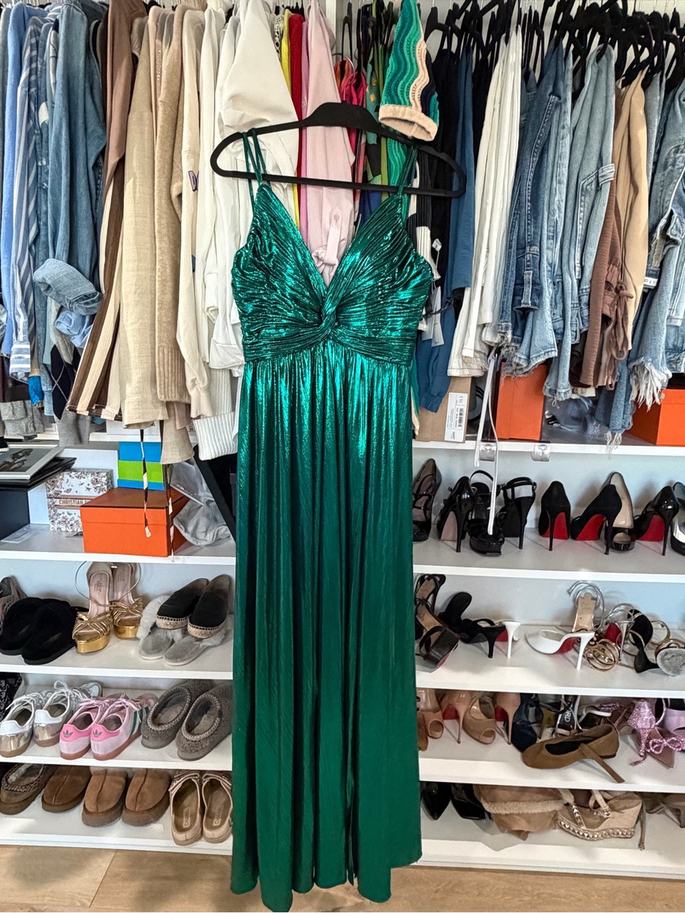 Emerald Green Satin Maxi Dress - Sleeveless V-Neck